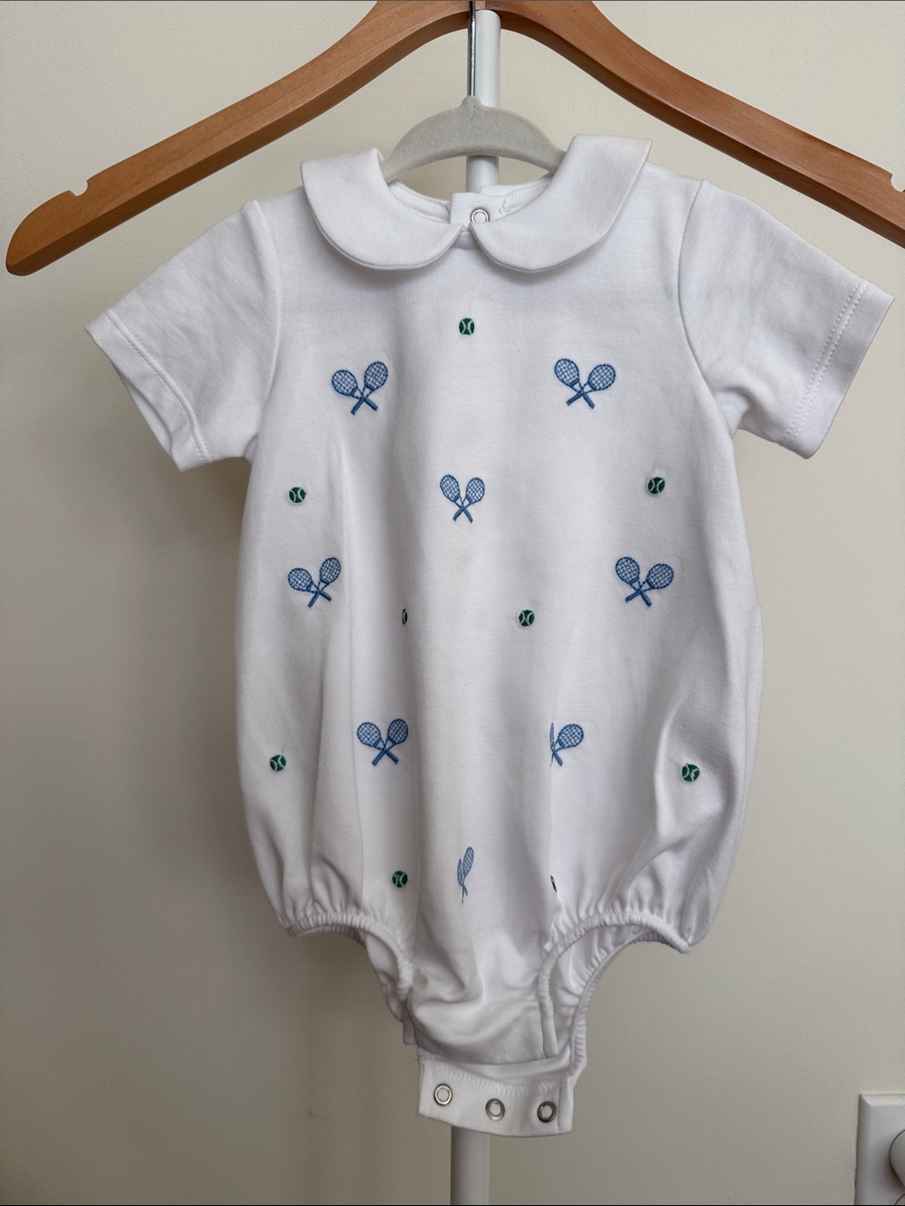 White Embroidered Tennis Short Sleeve One-Piece for Kids